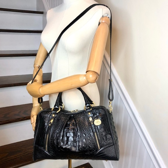BRAHMIN Black Croc Leather Shoulder Bag With Adjustable Crossbody Strap - Picture 4 of 17
